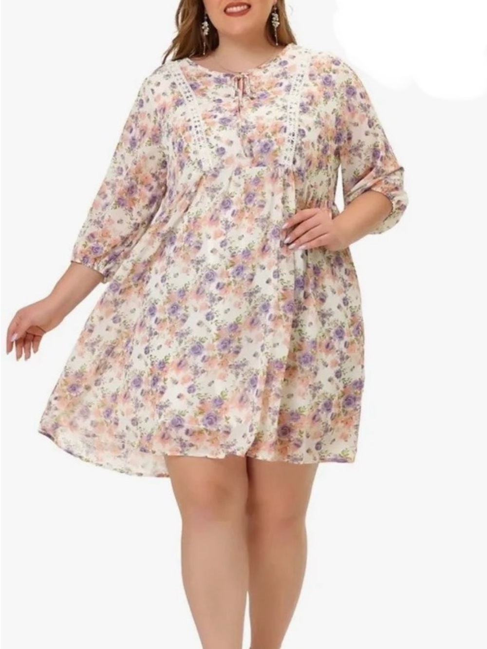 Plus Size Tie Neck Floral Printed Midi Chiffon Swing Babydoll Dress, Size 2X